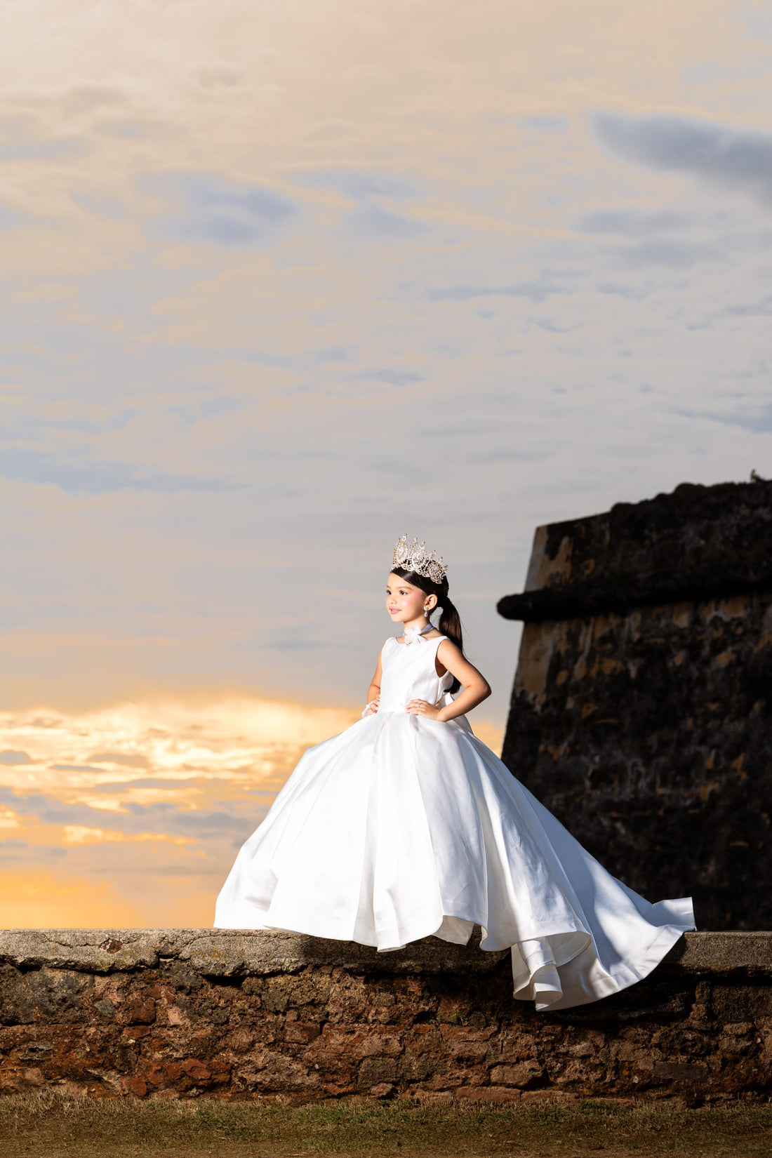 White Satin Flower Girl Dress with Bow Train — First Communion Ball Gown Baby Girl Dress for Special Occasion