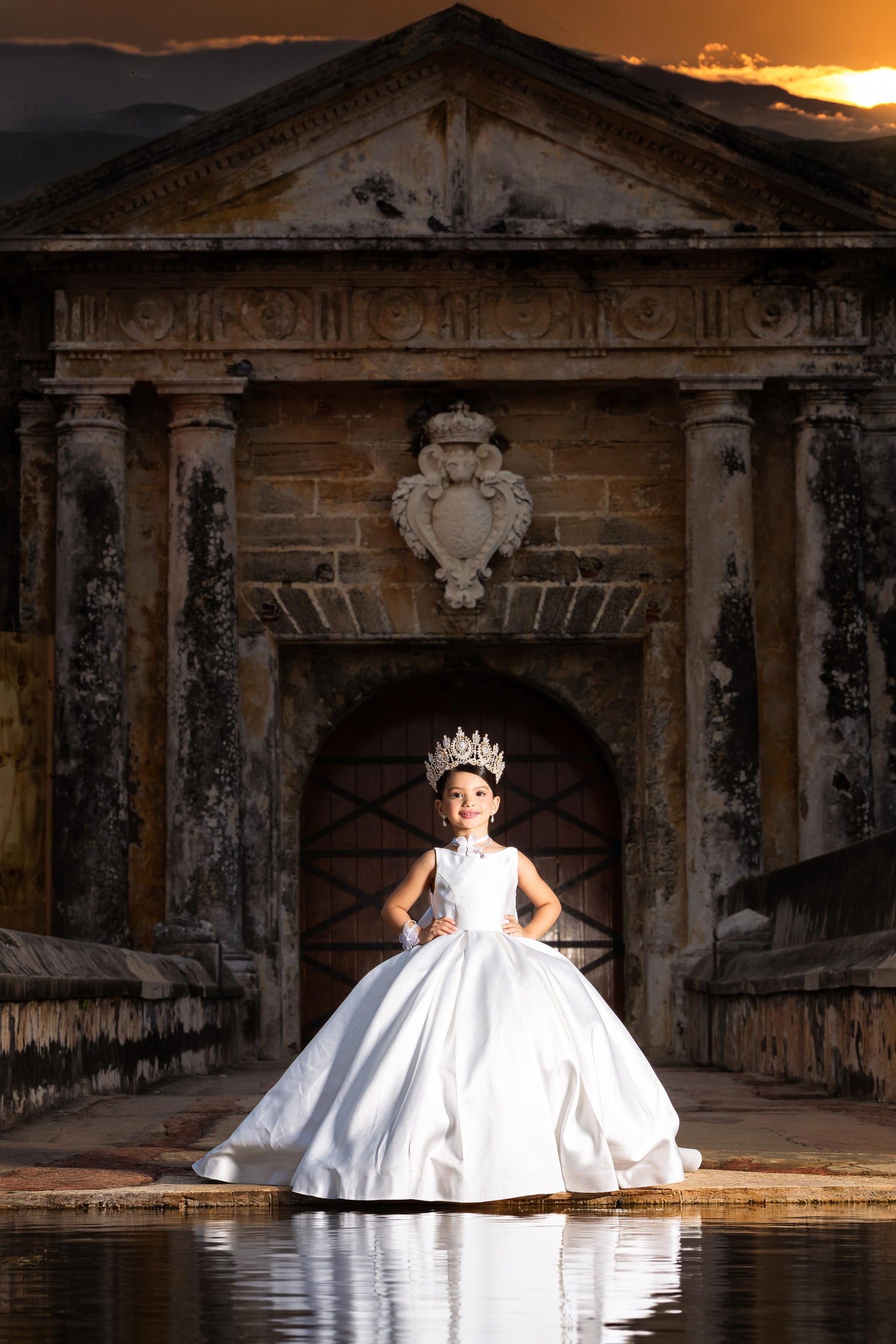 White Satin Flower Girl Dress with Bow Train — First Communion Ball Gown Baby Girl Dress