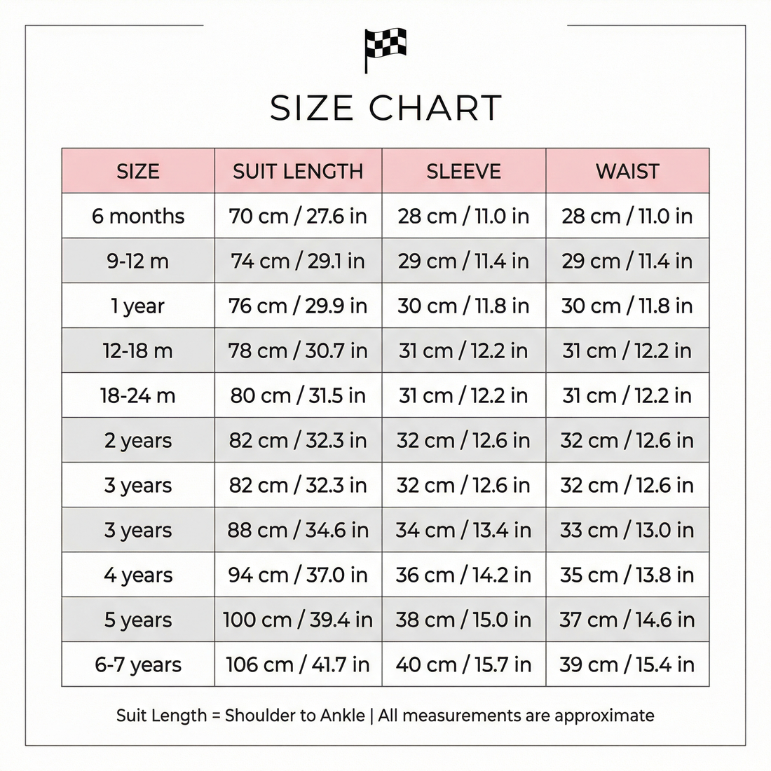 Race Costume Size Chart - 10 sizes from 6 months to 6-7 years Baby Girl Dress for Special Occasion