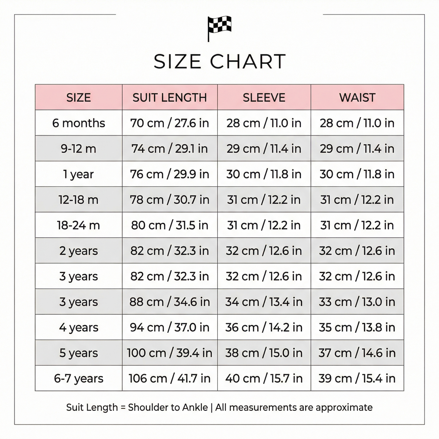 Race Costume Size Chart - 10 sizes from 6 months to 6-7 years Baby Girl Dress