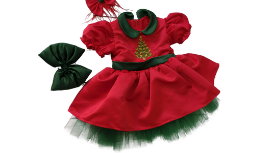 Baby Girl Christmas Dress, Baby Girl Christmas Red Clothes, Holiday Dress With Green tulle Dress Puffy Sleeve Girl clothing, New Year Dress