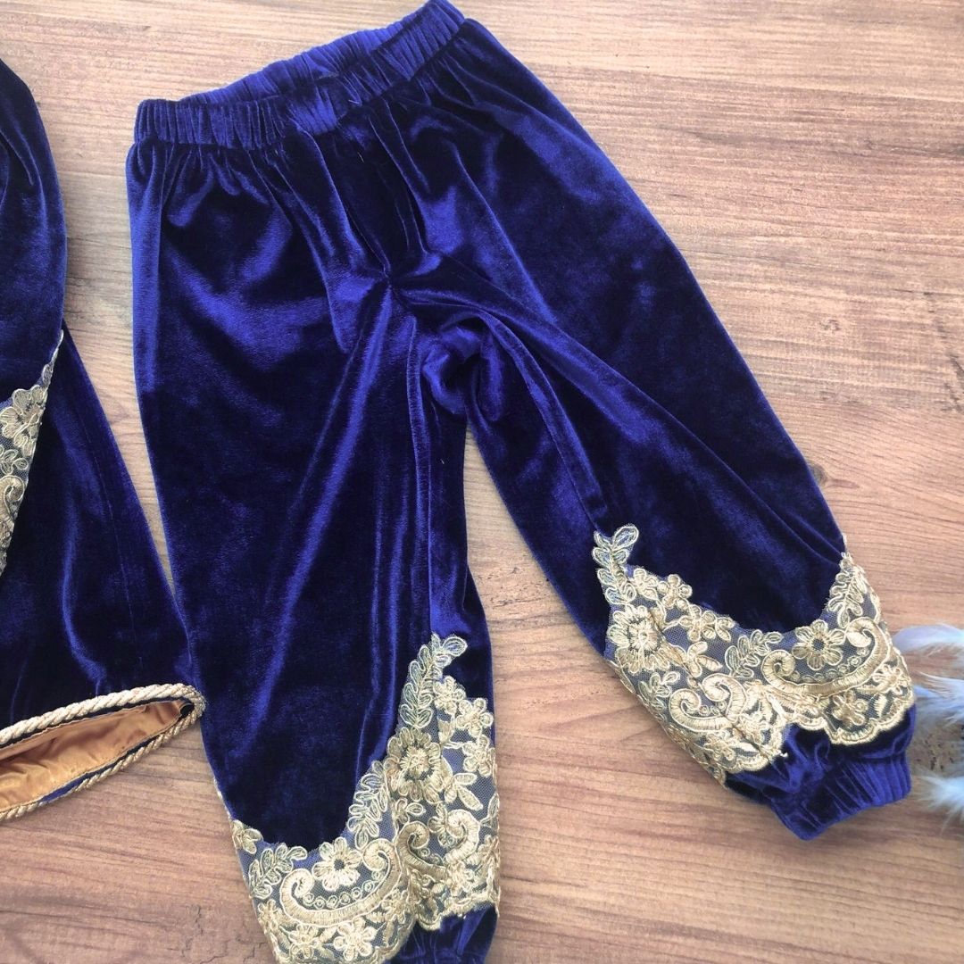 a pair of blue velvet pants with gold lace trims Baby Girl Dress for Special Occasion
