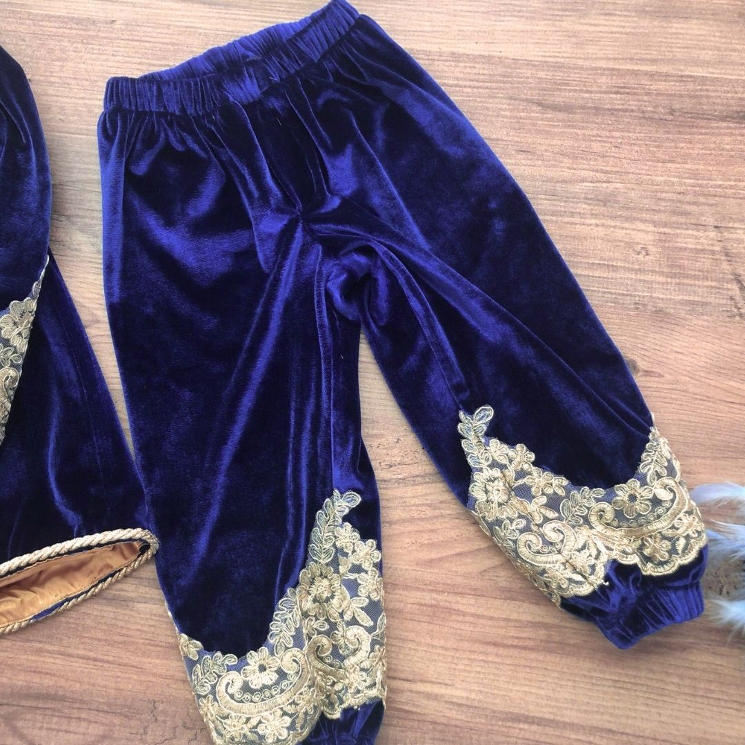 a pair of blue velvet pants with gold lace trims