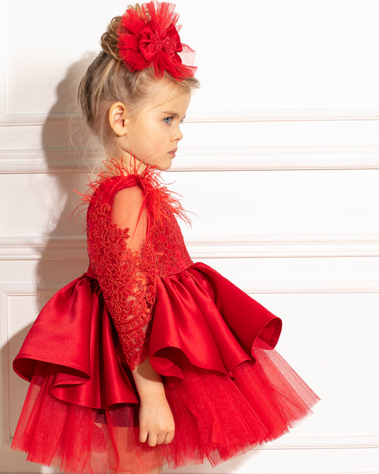 New Baby Girl Red Lace Dress, Long Sleeve and Feather Gown, Christmas Birthday Wedding Bridesmaid Dress, Satin and Tulle Baby Girl Outfit