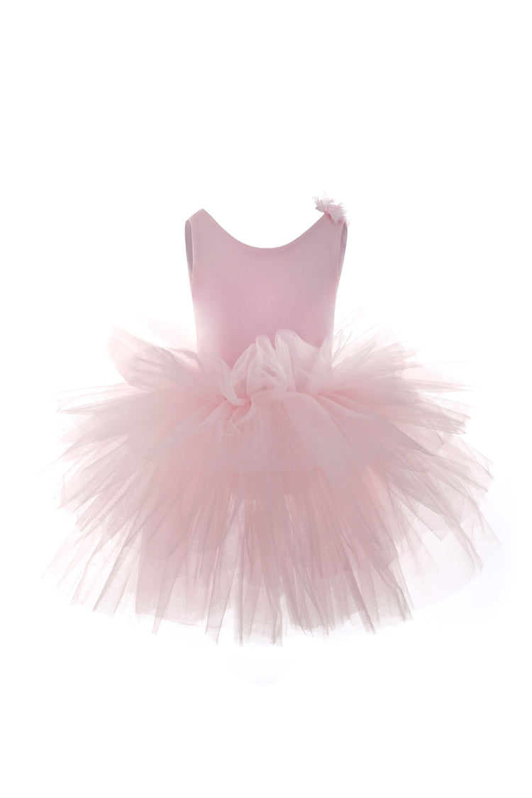 a little girl's pink tutule dress on a white background