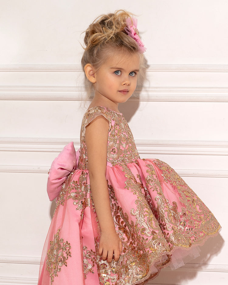 a little girl in a pink and gold dress