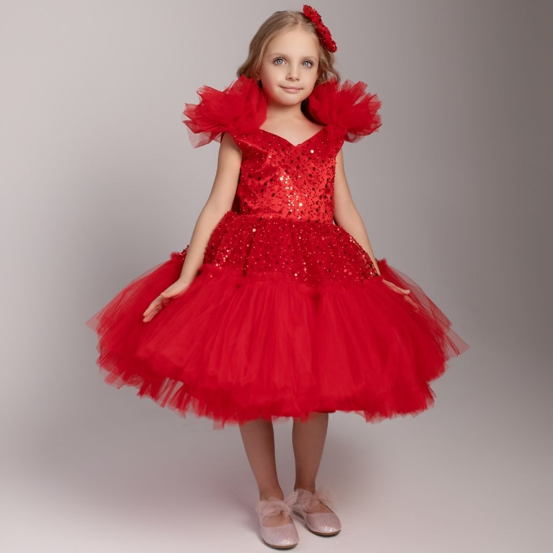 a little girl wearing a red dress with sequins Baby Girl Dress