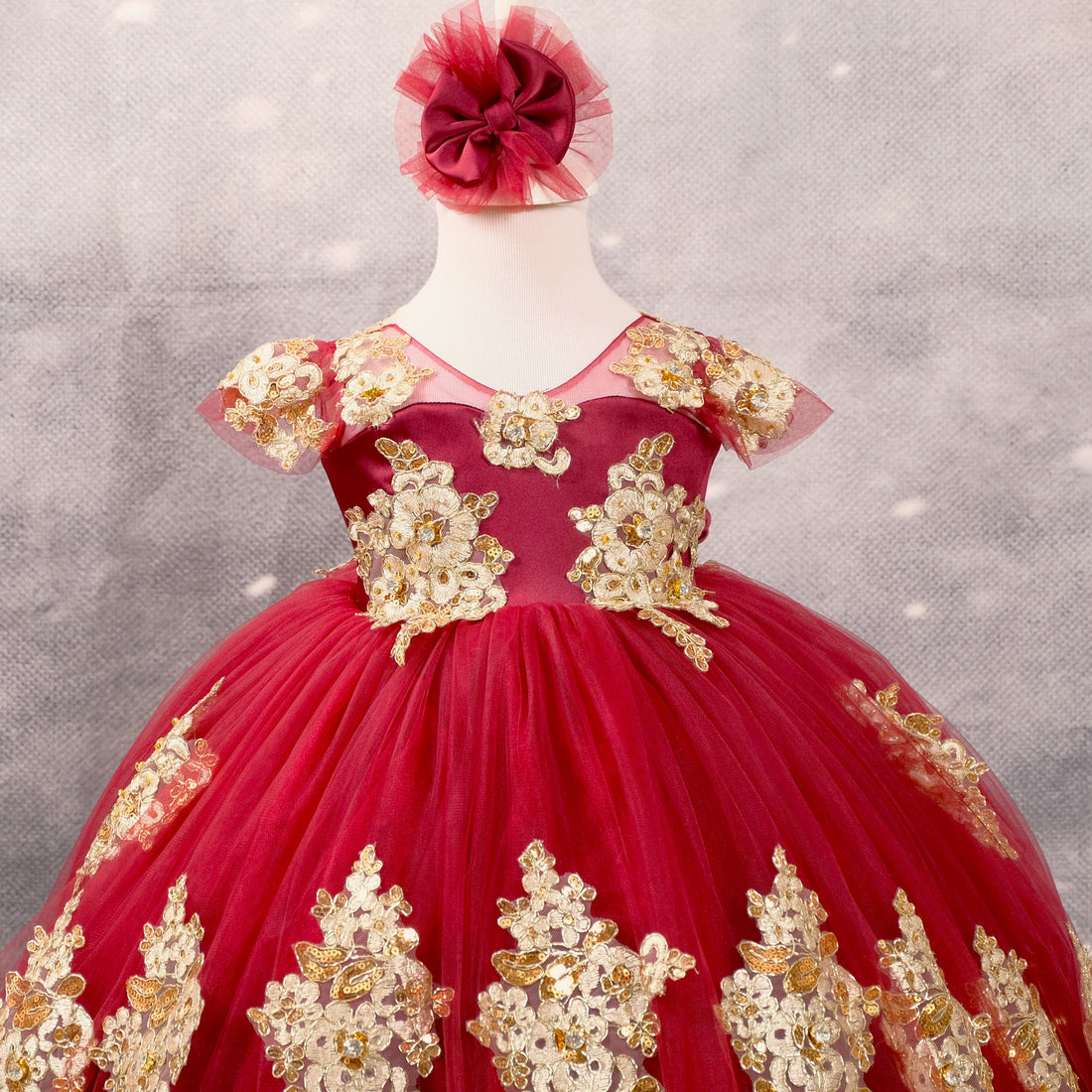 Charlotte burgundy girl gown made of cotton, tulle, satin, and lace, offering an elegant and sophisticated look for children's couture. Perfect for special occasions. Girls Burgundy Dress with Gold Lace and Big Back Bow Baby Girl Dress for Special Occasion
