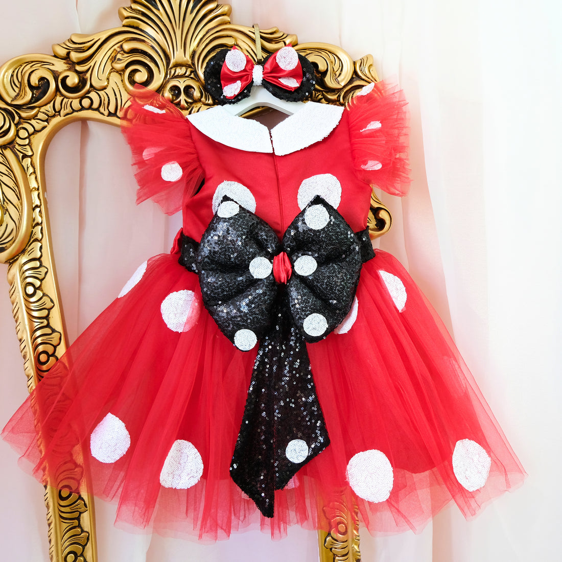 a red dress with white polka dots and a black bow Baby Girl Dress for Special Occasion