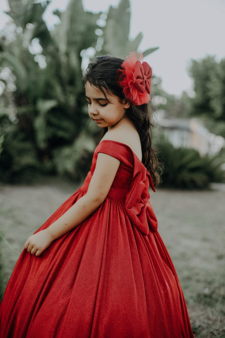 Red Eda dress with train (shimmer fabric, off shoulder) - MyBabyByMerry 