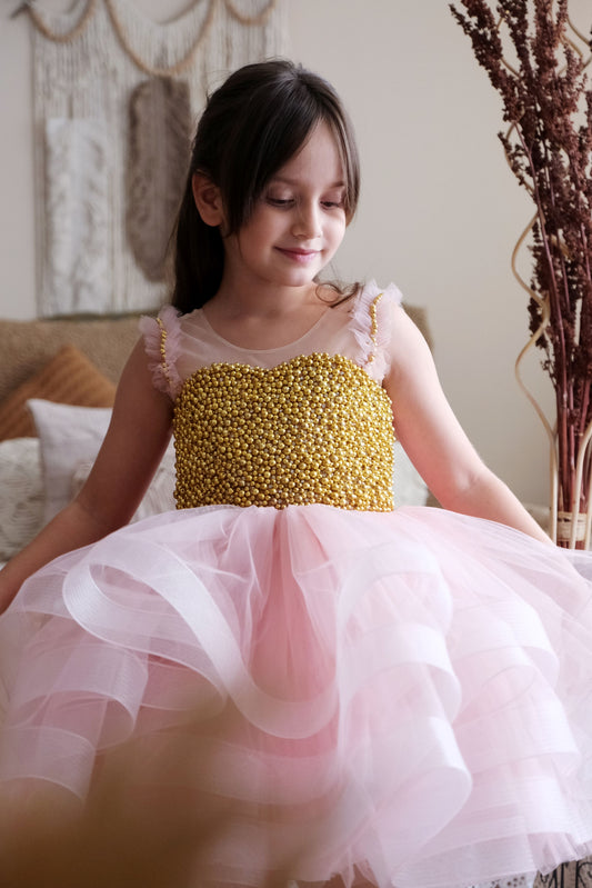 a little girl in a pink and gold dress