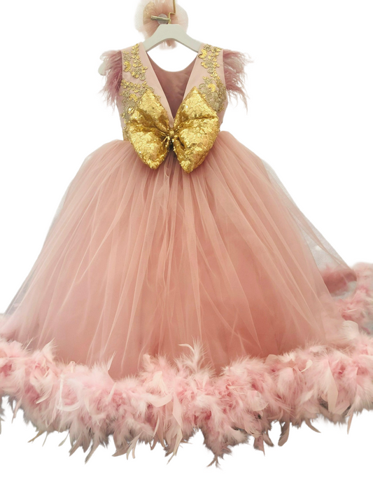 Blush tulle Birthday Girl Dress, Princess Toddler Wedding Gown with Feather, Gold Lace Dress With Long Gown, Baby First Photoshoot clothing