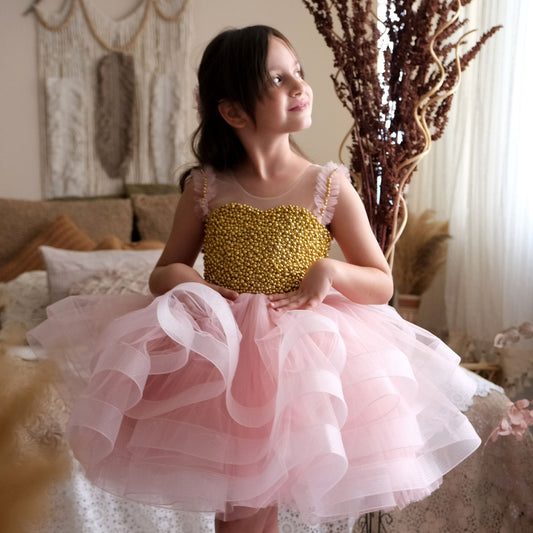 a little girl wearing a pink and gold dress