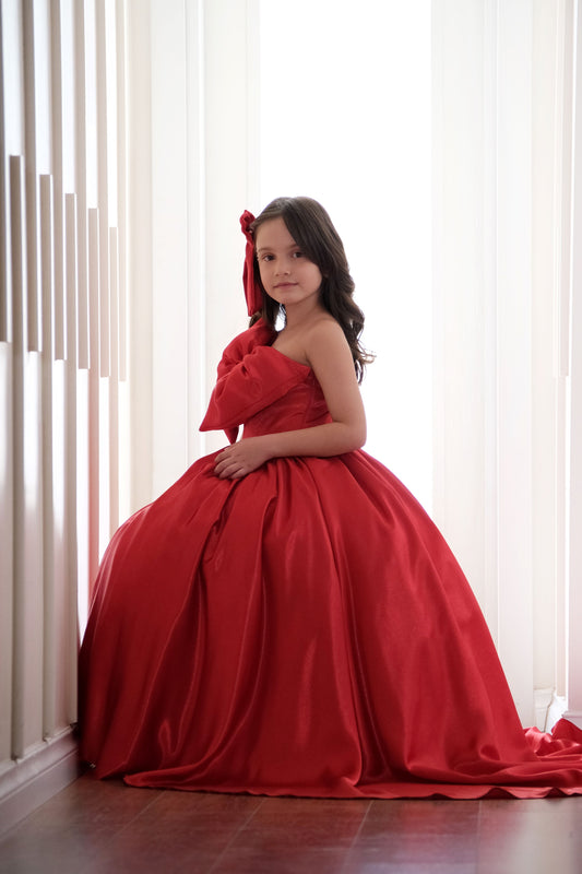Red One Shoulder Satin Dress, Fluffy Red Ribbon Tulle Dress, Red Christmas Gown, Birthday Long Gown For Toddler, Sparkle Dress For Christmas