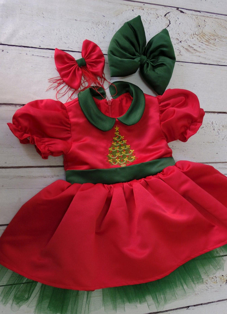 Baby Girl Christmas Dress, Baby Girl Christmas Red Clothes, Holiday Dress With Green tulle Dress Puffy Sleeve Girl clothing, New Year Dress