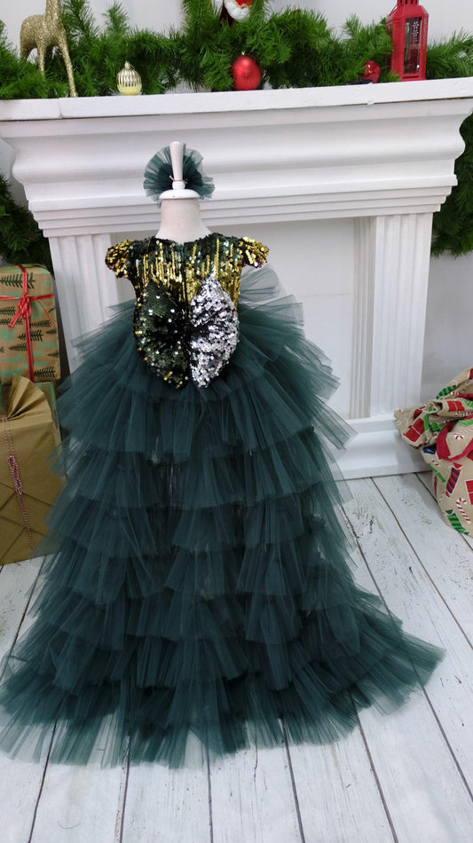 Emerald Ruffle dress, sequın corset, high low fluffy puffy skirt, Green tulle tutu baby girl gown, Birthday Dress toddler, Baby Party Cloth