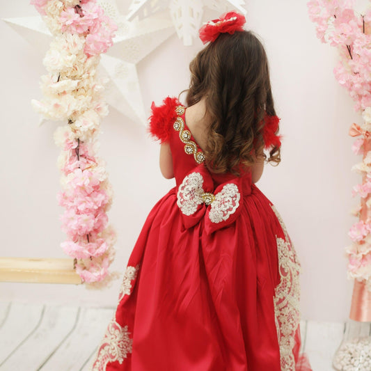 Matilda Red Baby Lace Ribbon Tutu Wedding Girl Dress, Birthday Dress, Prom Party Girl Dress, Princess Style Dress, high low Satin Dress
