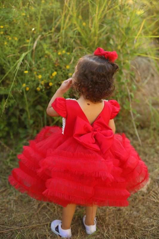 Red pearl layered girl dress for toddler girls, Sparkling star tulle baby girl dresses, Red fluffy baby girl cloth Christmas, Redding dress