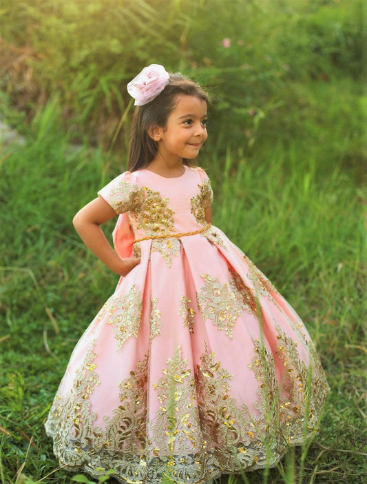 Royal blush Dress full-length Blush, Blush gold lace princess dress, full-length bow back puffy girl dress, 2nd birthday baby girl dress