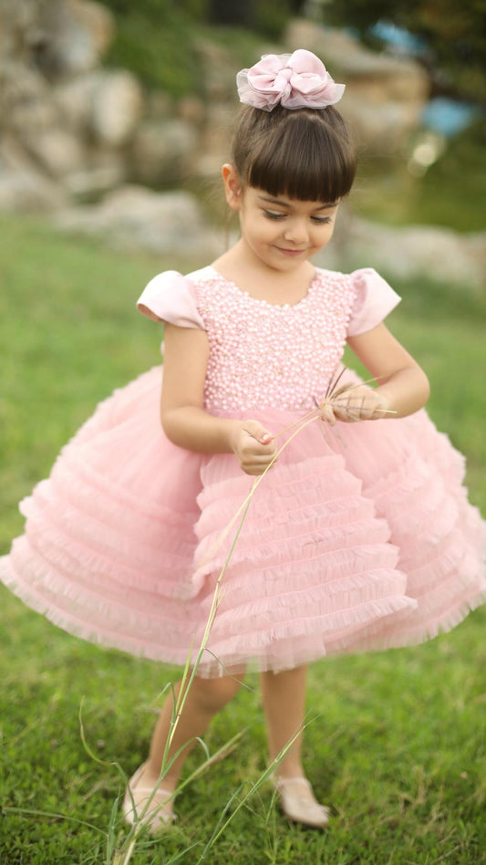 Blush baby girl pearl detail dress, Baby party 1st birthday gown, princess puffy ruffles toddler clothing, Dusty rose pink birthday outfit