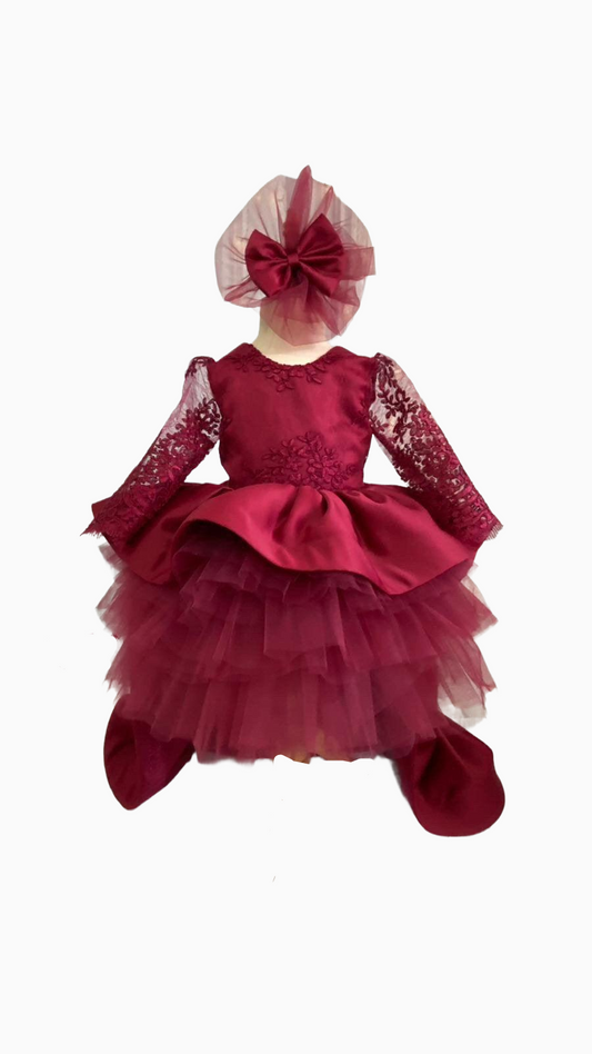Lace girl burgundy dress, Burgundy party outfit, birthday dress, Infant Toddler Junior Princess Ball Gown, Maroon Toddler tulle tutu dress