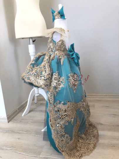 Princess Charlotte girl Dress teal color - MyBabyByMerry 