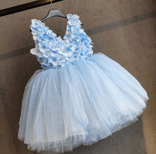 Sky blue baby dress with flowers, tutu dress for kids, toddler blue dress with flower, fluffy baby dress, 1st bday dress, ruffle dress