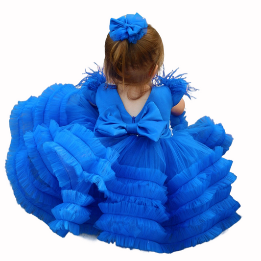 Royal blue girl dress, Tulle ribbon girl clothing, Infant puffy girl dress, Baby wedding gown, Toddler fluffy skirt