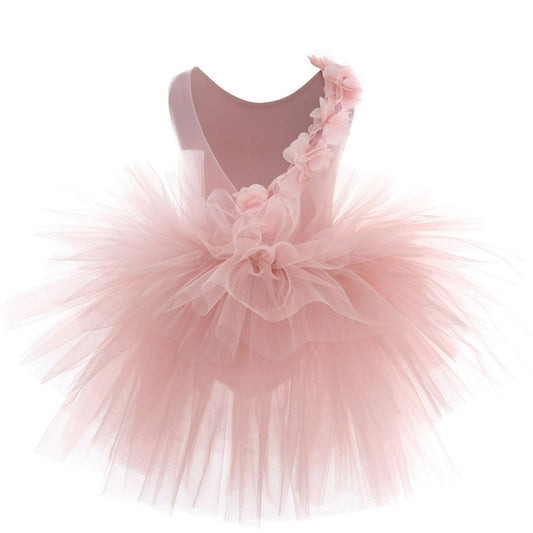 Charming blush tutu for ballerinas featuring soft tulle and pretty flower embellishments.