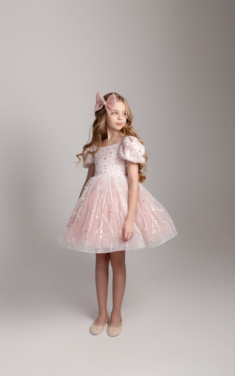 a little girl wearing a pink dress and a pink bow