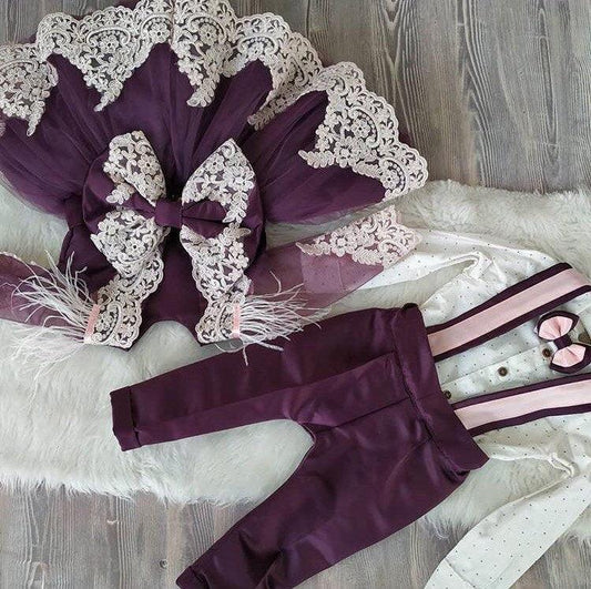 Purple Twin Set (Lace Drincess Dress and Salopet Suit) - MyBabyByMerry 