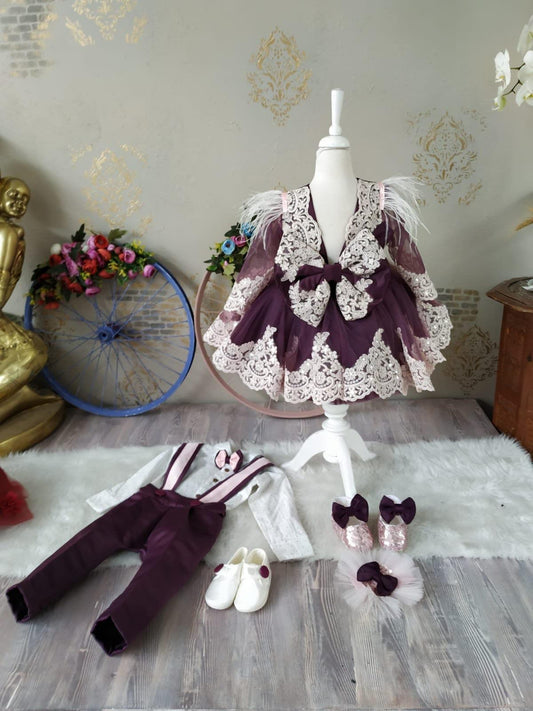 Purple Twin Set (Lace Drincess Dress and Salopet Suit) - MyBabyByMerry 