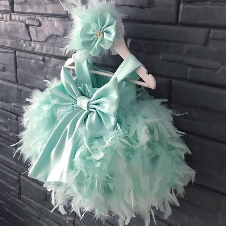 Turquoise Feather Dress - MyBabyByMerry 