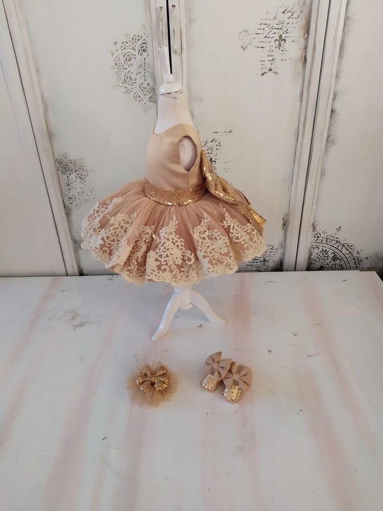 Toddler Gold Pageant Dress, Tulle Girl Cloth, Lace gold gown, Satin Dress For Girl, Baby Birthday Toddler Gown Outfit, 1st Birthday Clothing