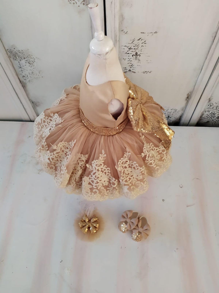 Toddler Gold Pageant Dress, Tulle Girl Cloth, Lace gold gown, Satin Dress For Girl, Baby Birthday Toddler Gown Outfit, 1st Birthday Clothing