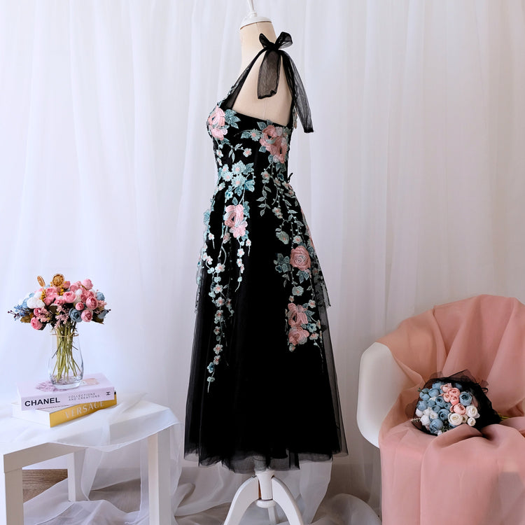 Embroidered Flower Dress, Women's Black Formal Dress, elegant black midi dress, lace embroidered engagement dress, Floral wedding dress