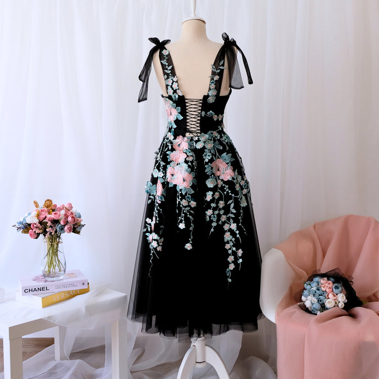 Embroidered Flower Dress, Women's Black Formal Dress, elegant black midi dress, lace embroidered engagement dress, Floral wedding dress