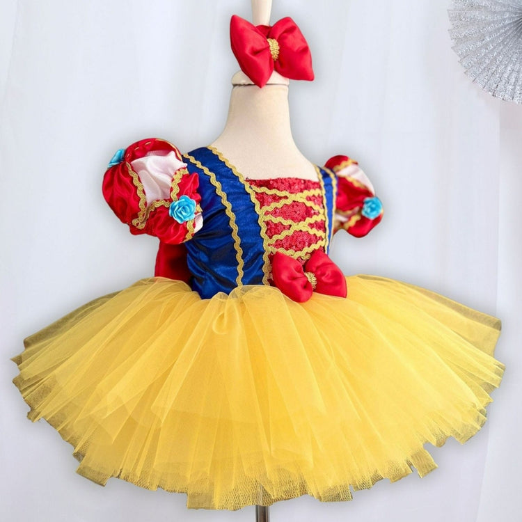 Snow Yellow Tulle Princess Costume Dress, White Shiny Satin Birthday Party Dress, Halloween Costume Dress, Red Bow and Sequin Details Dress