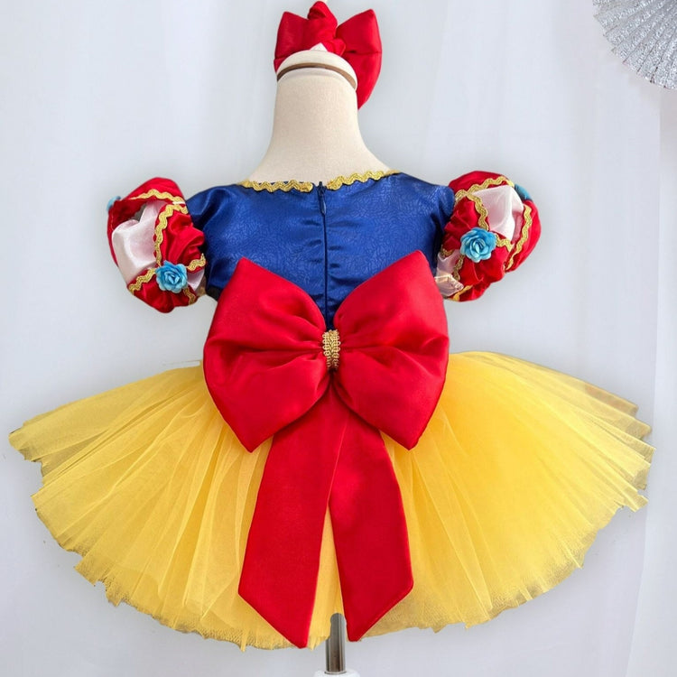 Snow Yellow Tulle Princess Costume Dress, White Shiny Satin Birthday Party Dress, Halloween Costume Dress, Red Bow and Sequin Details Dress