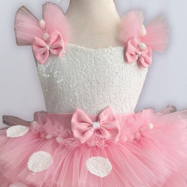 Baby Pink Minnie Sequin Costume , Mouse White Polka-Dot Tulle Dress, Halloween Costume Minnie Dress, Princess Girl Pink Dress with Headband