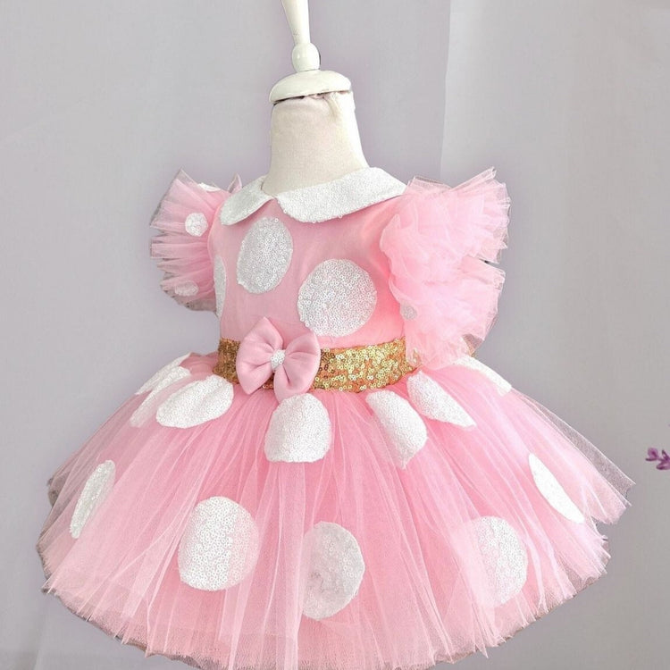 Minnie Girl's Pink Costume, Mouse Princess Baby Pink Tulle and Bow Sequin Dress, 1st Birthday Party Dress, Gold Sequin Minnie Headband Gift