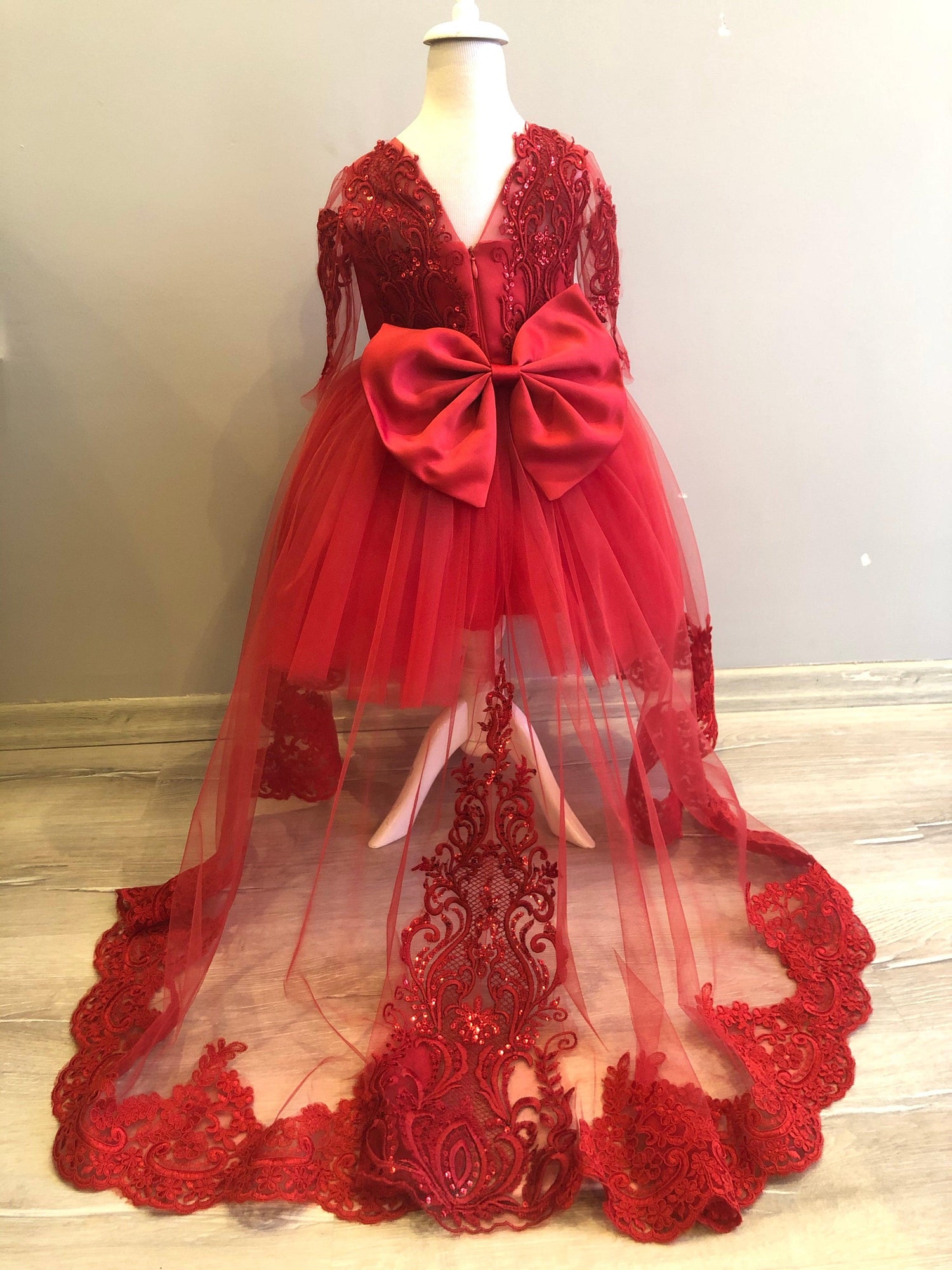 Red flower dress with lace tail - MyBabyByMerry 