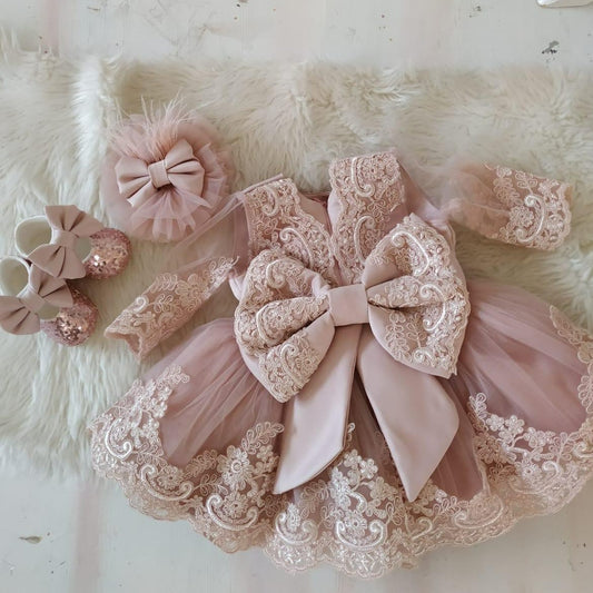 Blush pink baby girl 1st birthday outfit, Baby girl birthday dress, lace clothing toddler,first birthday tulle blush dress, long sleeve gown