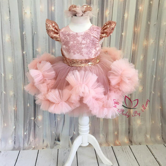 Blush tutu dress with lace, Wedding girl gown, Girl Trendy Princess Toddler Dress, sequin sleeves and ruffles skirt, Tulle V-Back Clothing