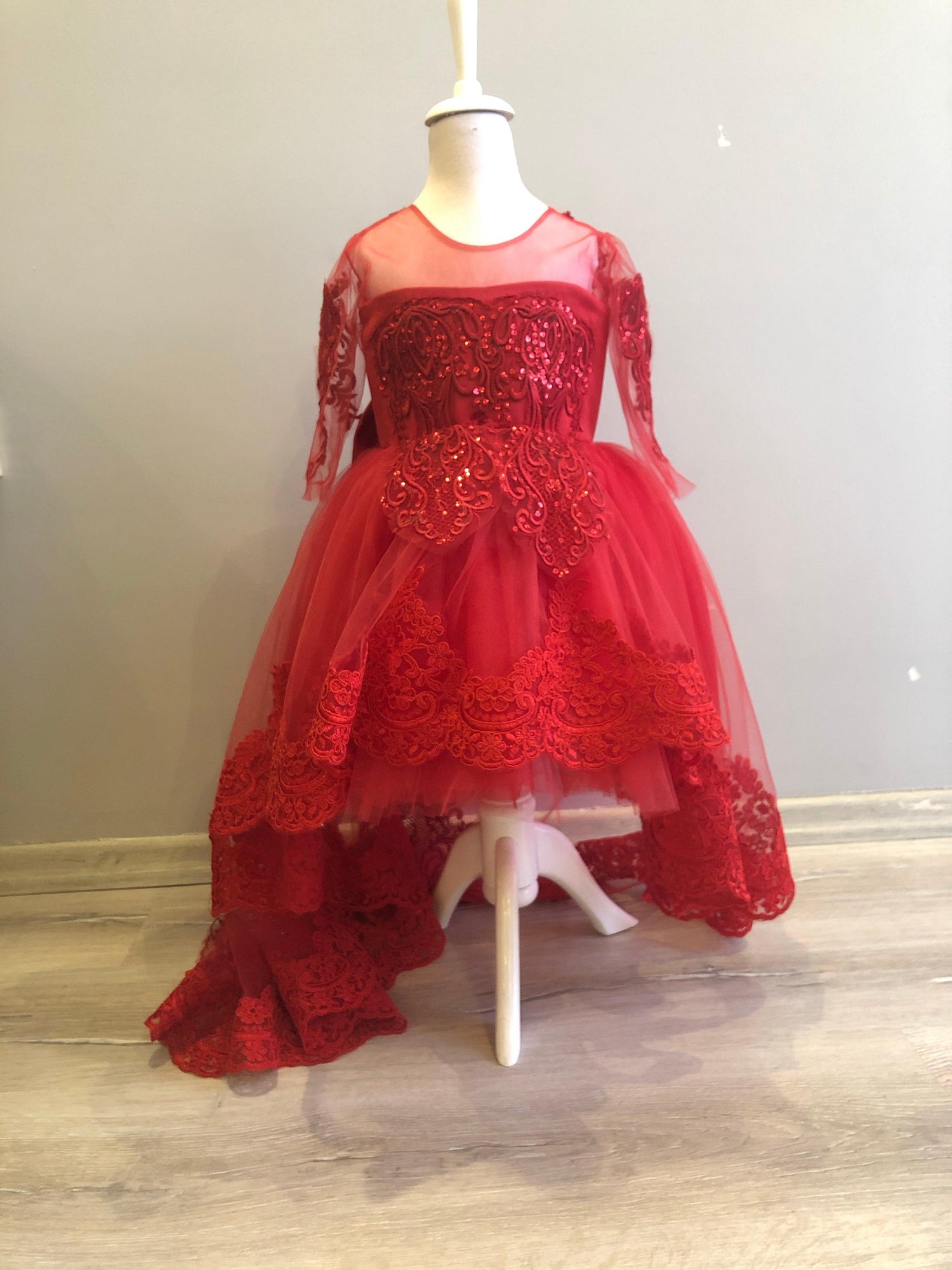 Red flower dress with lace tail - MyBabyByMerry 