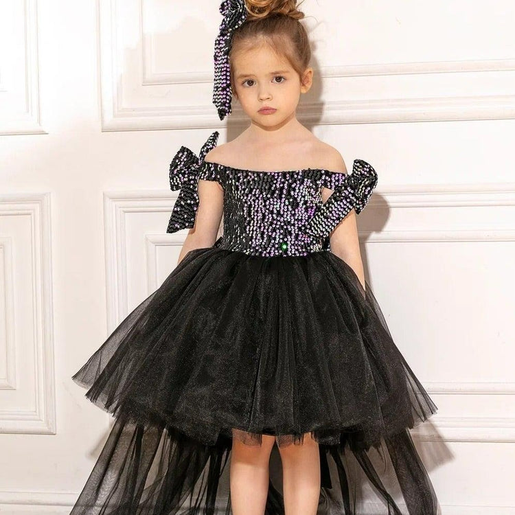 Luna black sequin girl dress high low