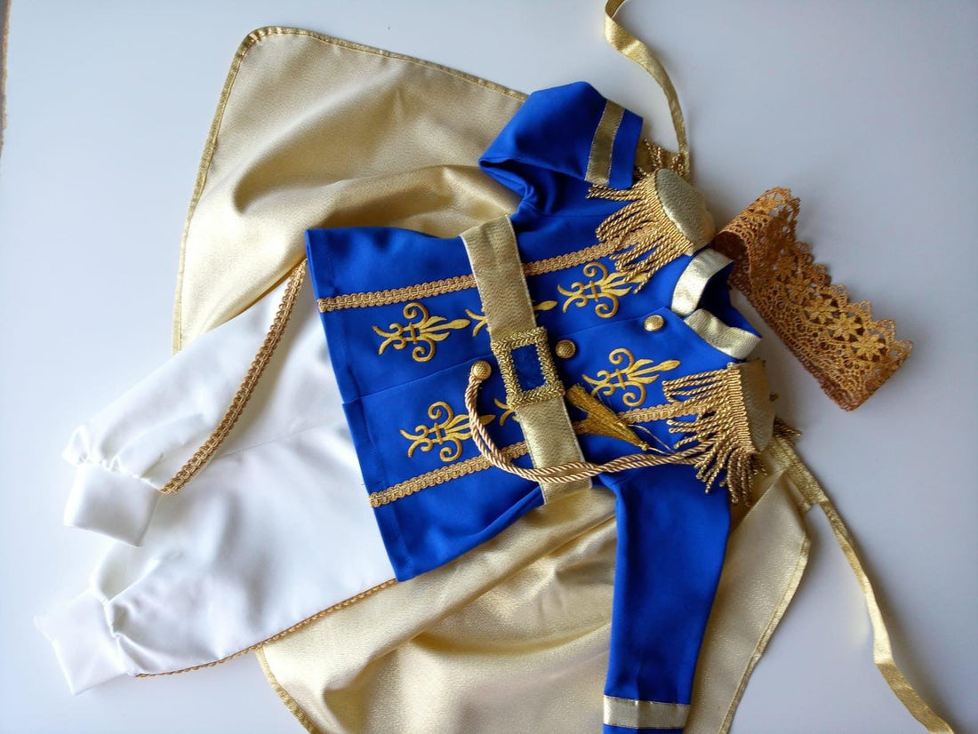 Prince Charming blue costume for boys, featuring a regal blue jacket with gold trim and matching pants. Ideal for costume parties or dress-up play, this outfit captures the classic fairytale look with elegant details. Baby Girl Dress for Special Occasion