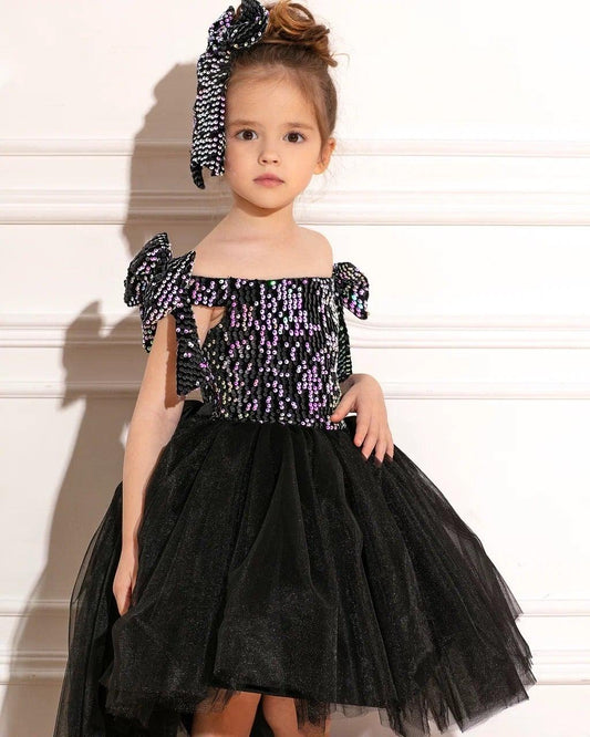 Luna black sequin girl dress high low