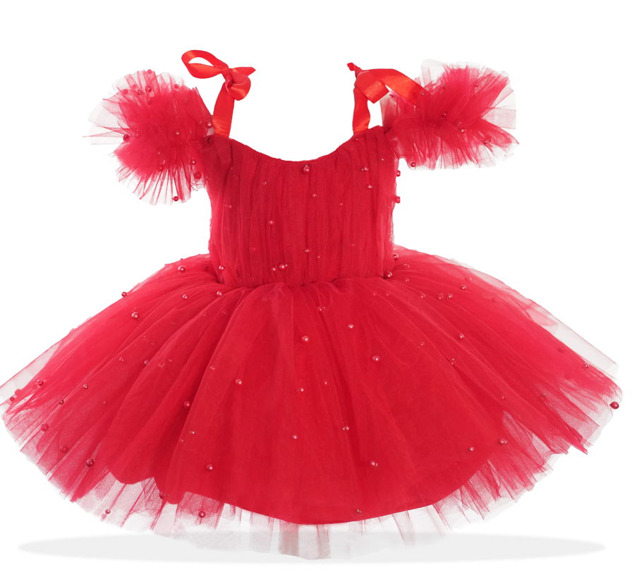 Mini off-shoulder red dress with pearl embellishments, a perfect Christmas party outfit for young girls.